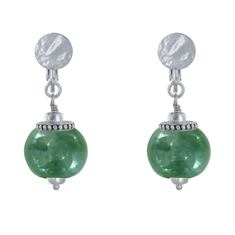 Boucles d'Oreilles Clip Métal Argenté et Grosses Perles en Céramique