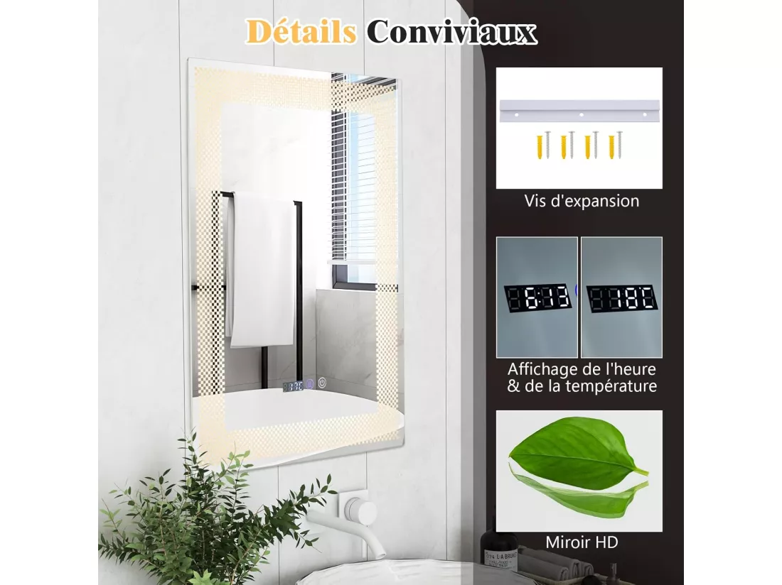 Miroir Salle de Bain LED à 3 Couleurs & Luminosité Réglable, 70 x 50 cm