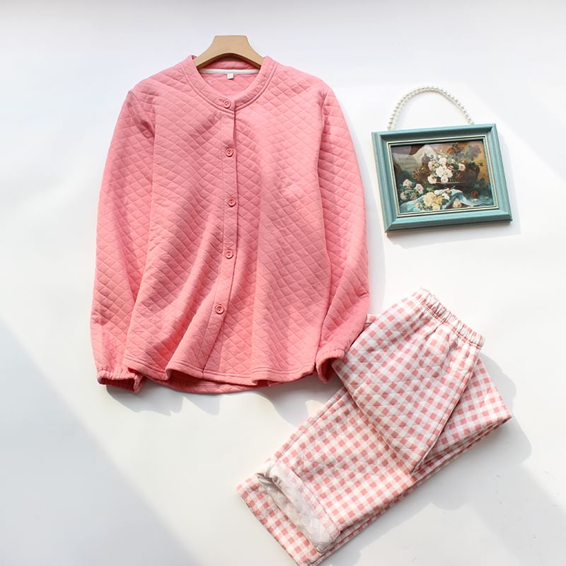 Dogini - Bijpassende pyjamaset voor koppels: effen gewatteerd overhemd met knoopjes + broek met middelhoge taille