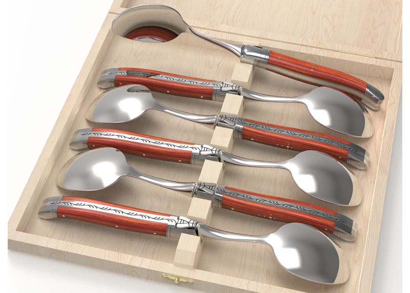 Service de 6 grandes cuillères Laguiole avec un manche en bois de rose et mitres en acier inoxydable