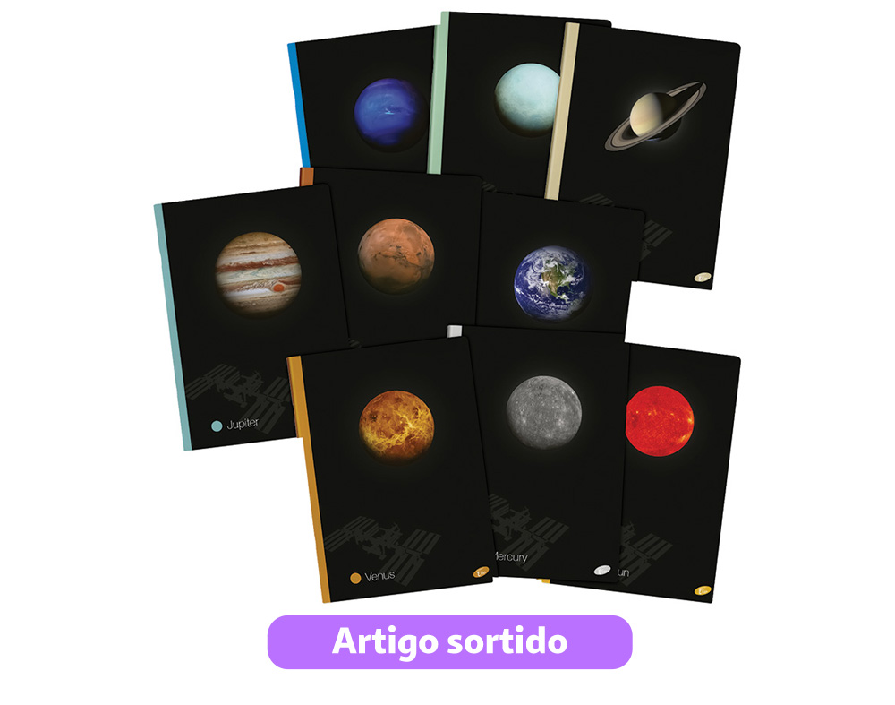 CADERNO AGRAFADO A4 PLANETAS PAUTADO A4 48 FOLHAS MODELOS SORTIDOS