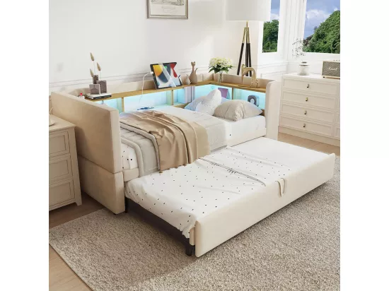 Lit gigogne extensible 90/180×190 équipé de lampes LED de prises de courant et de nombreux compartiments de rangement lit rembourré beige