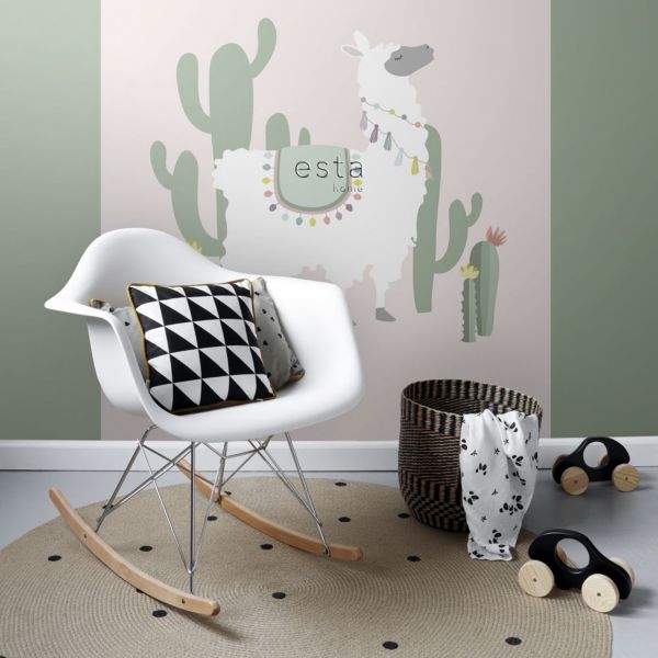 Estahome Alpaca Fotobehang - 1,5 x 2,79 m - Zachtroze / Groen