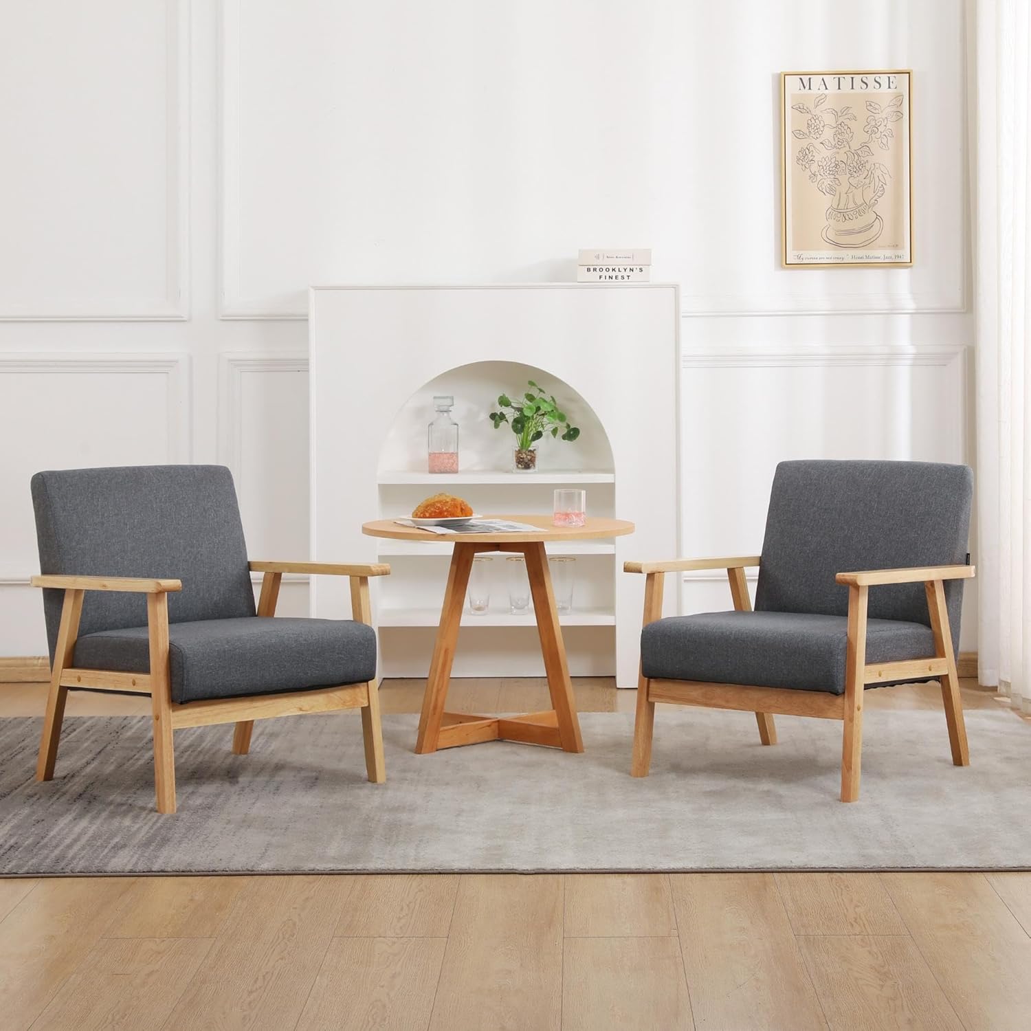 Mingone 2er Set Sessel Gepolsterter Cocktailsessel Skandinavischer Stil Loungesessel Modern Einzelsofa Massivholz für Wohnzimmer Schlafzimmer Grau