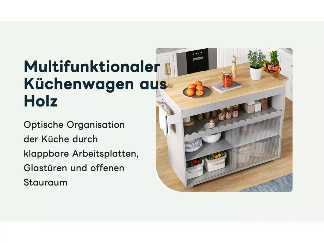 Ilot central de cuisine mobile avec 2 portes coulissantes - plateau extensible - 122x46/69x91 cm - Bois MDF - Gris + naturel