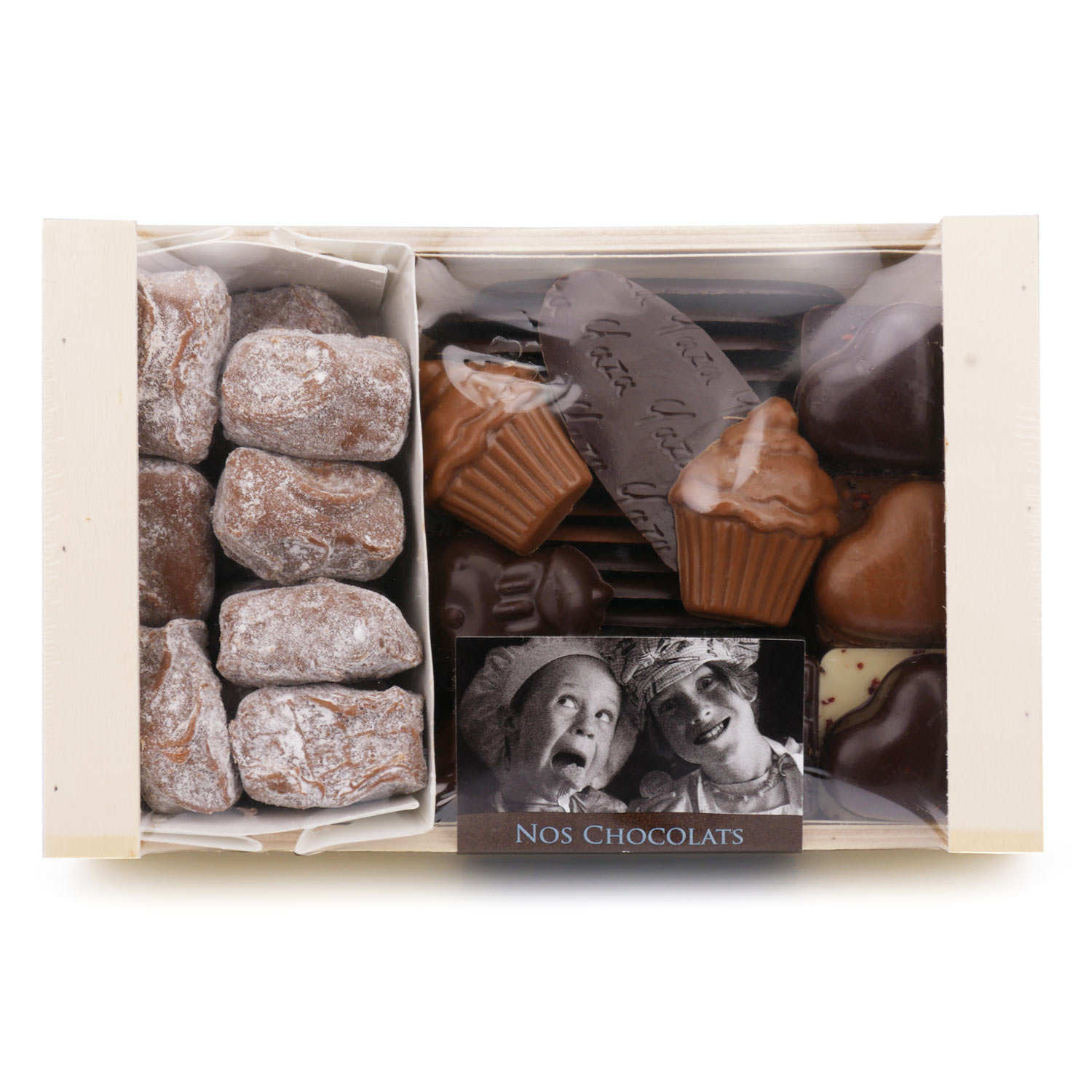Assortiment de chocolats en cagette bois - 400g