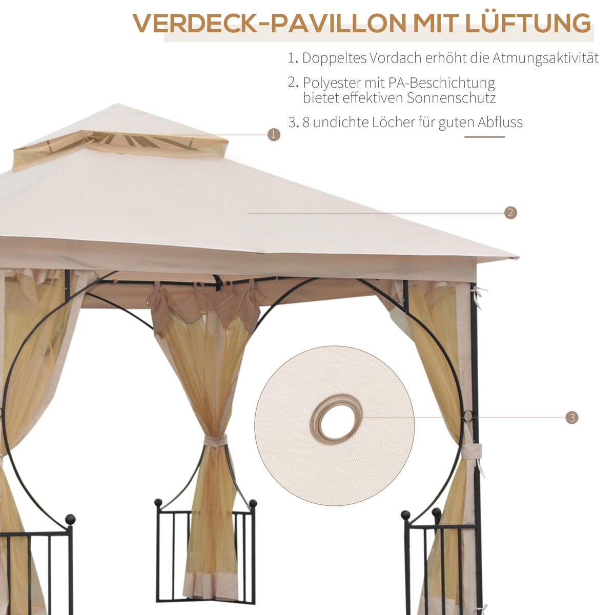 Outsunny Paviljoen, Tuinpaviljoen, 3x3m, Metaal, Polyester, Klamboe, Beige+Zwart