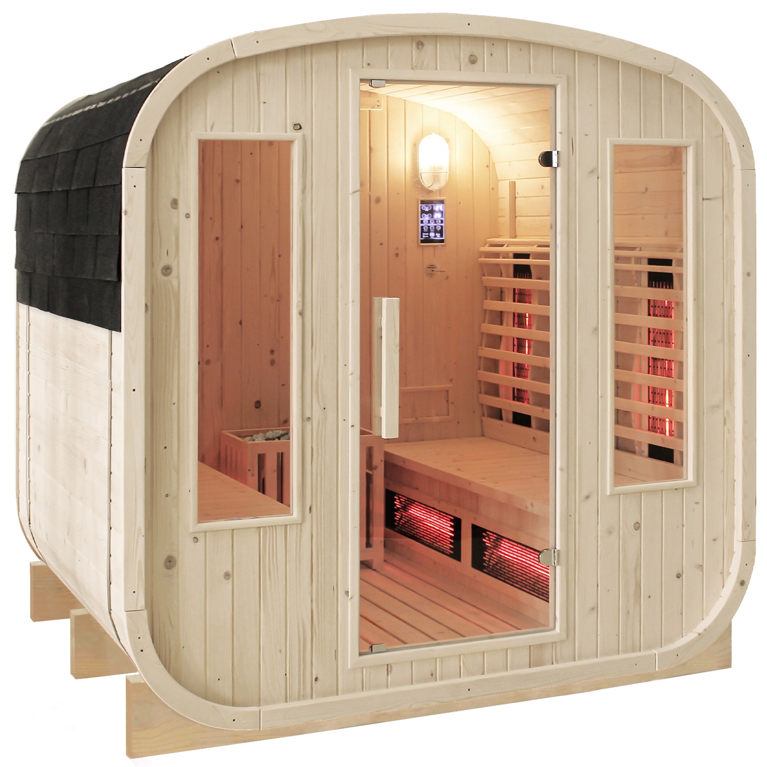 Dewello® - Outdoor Fasssauna Richmond - ca. 200 cm x 180 cm x 200 cm, Holz: Fichtenholz - inkl. 10 Infrarotstrahler, Saunaofen und Saunazubehör I Gartensauna, Außensauna, Sauna Fass für 4 Personen