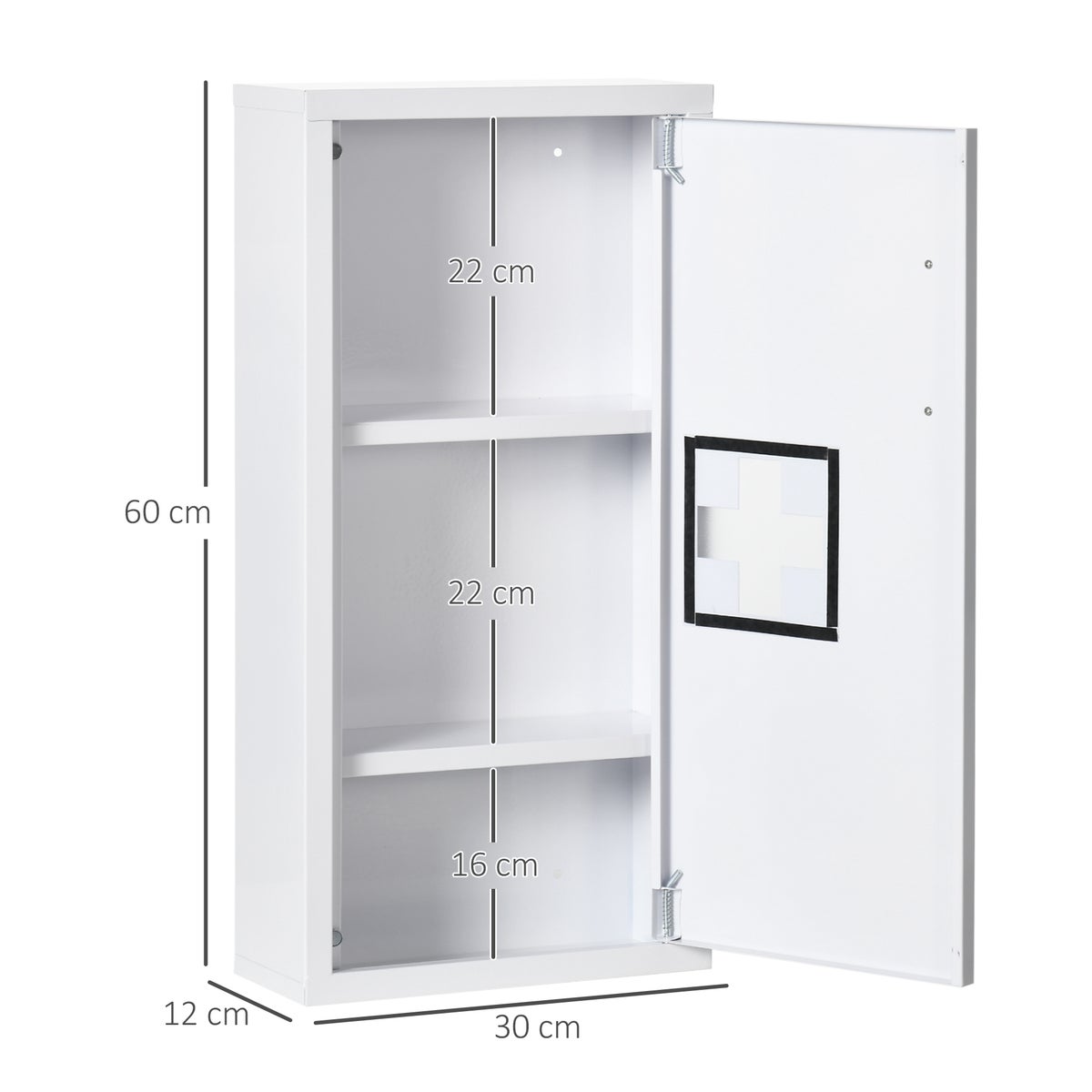 Kleankin medicijnkastje, EHBO-kastje, apothekerskast met 3 binnenvakken, medicijnkastje met magneetsluiting, medicijnkastje met handgreep, staal, wit, 30 x 12 x 60 cm