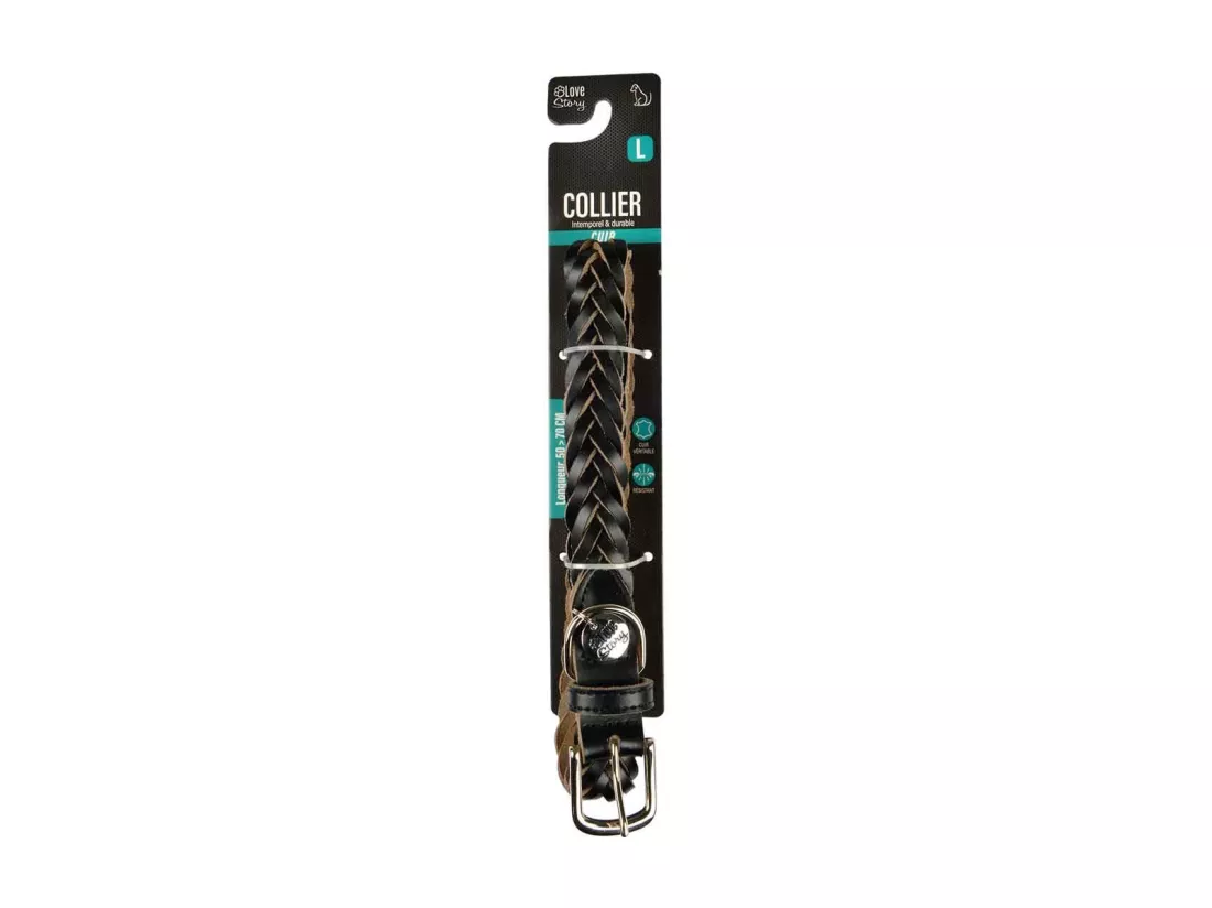 Collier règlable en cuir tressé pour chien - Noir - Taille L (de 50 à 70 cm)
