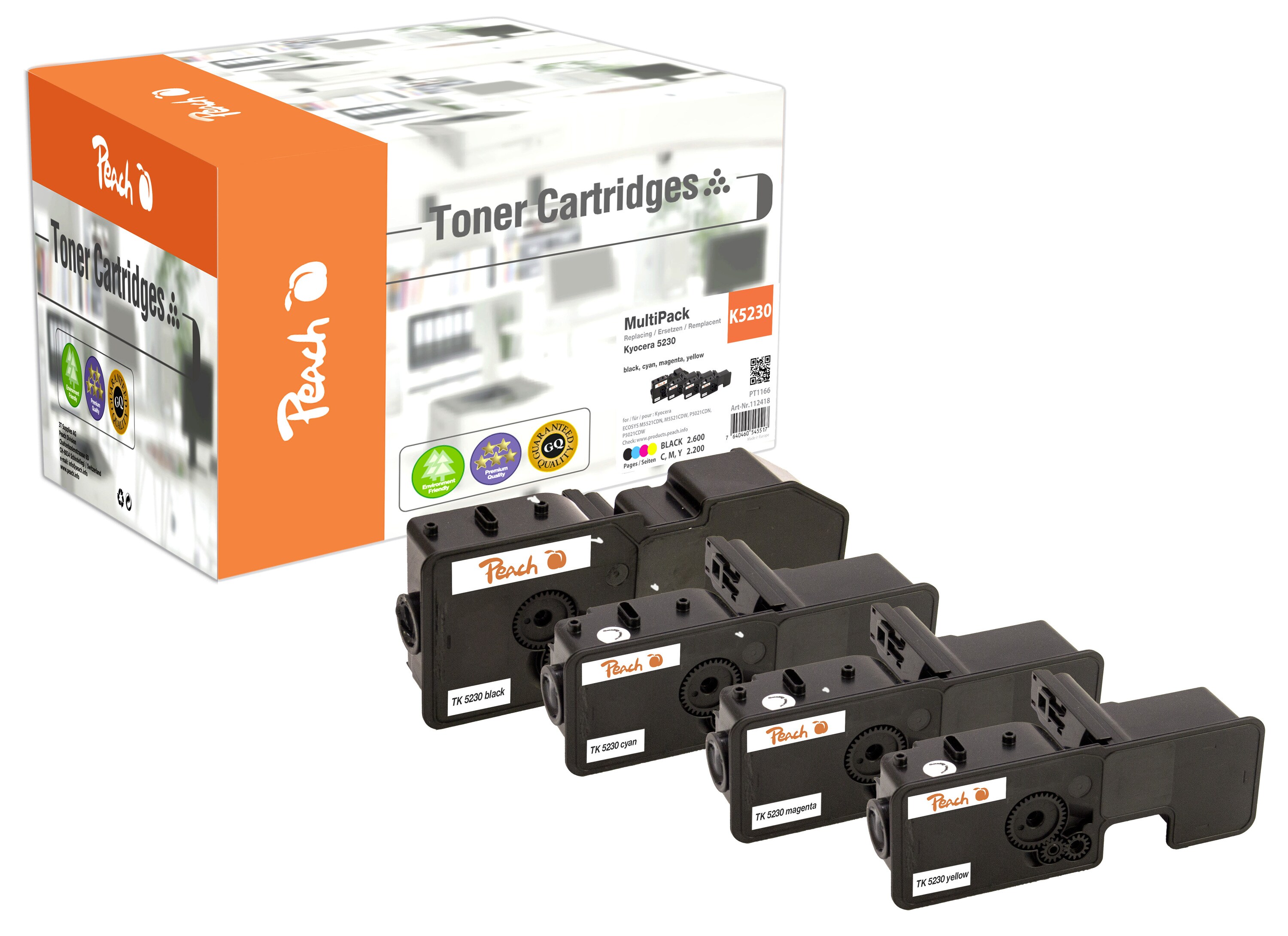 Peach K5230Spar Pack Toner (bk, c/m/y) ersetzt Kyocera TK-5230 für z.B. Kyocera ECOSYS P 5021 cdw, Kyocera ECOSYS M 5521 cdn