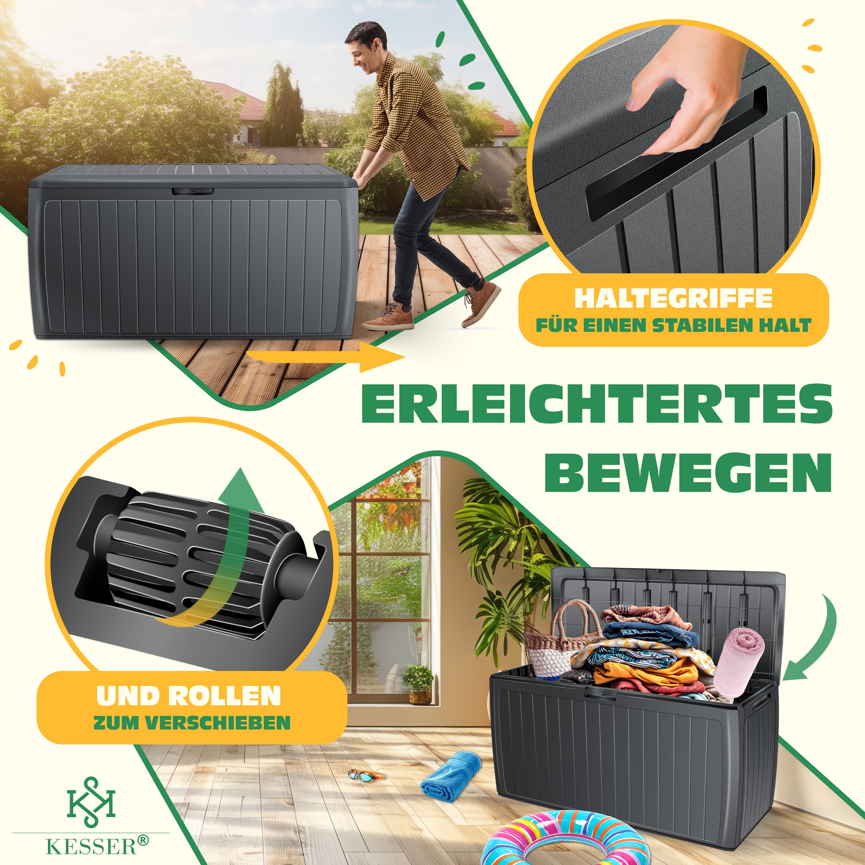 KESSER® Auflagenbox Kissenbox 290 Liter mit abschließbarem Deckel Haltegriffe Gartenbox