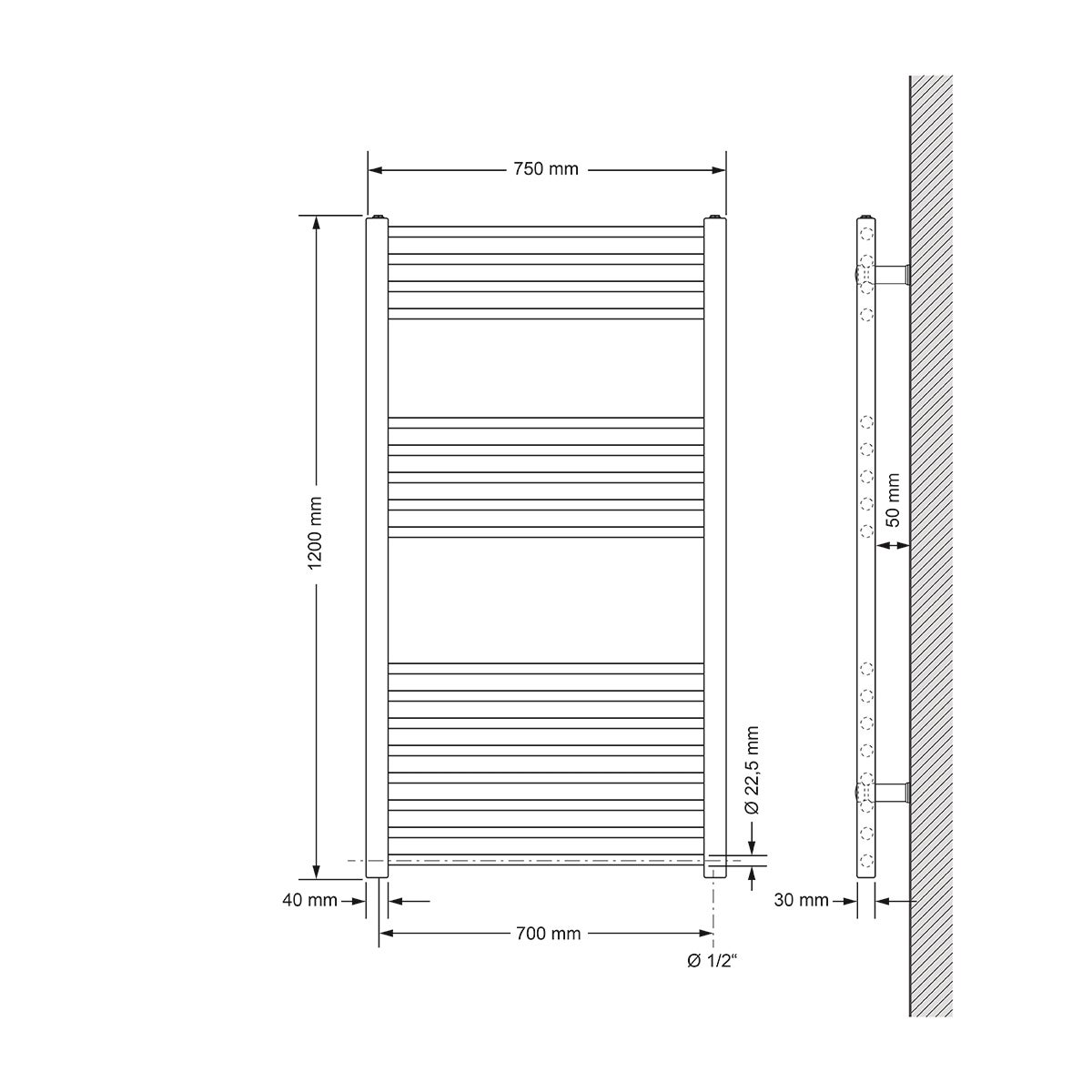 ECD Germany badkamerradiator 750 x 1200 mm - chroom - recht met zijaansluiting - radiator handdoekwarmer handdoekdroger