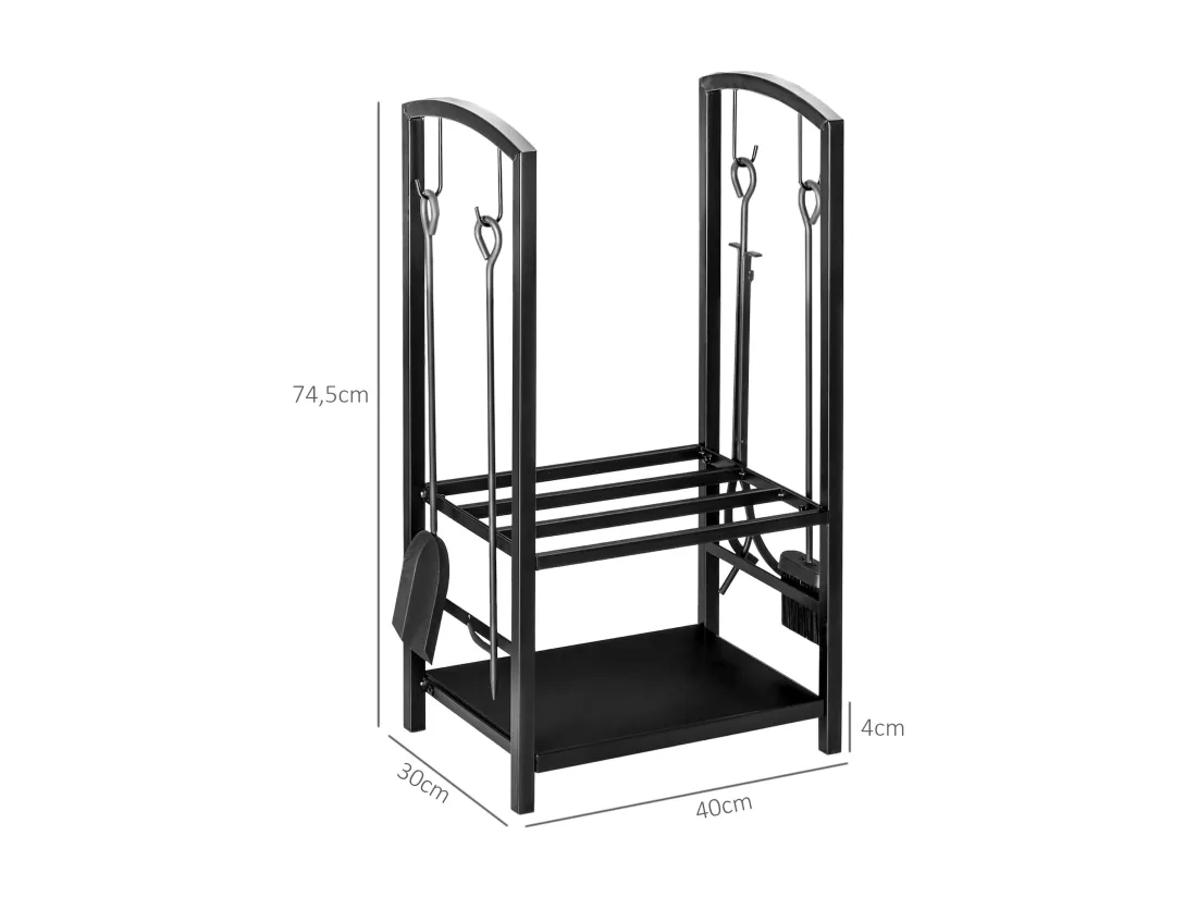 Serviteur de cheminée - porte bûches - range bûches multi accessoires 2 étagères 40L x 30l x 75H cm métal noir