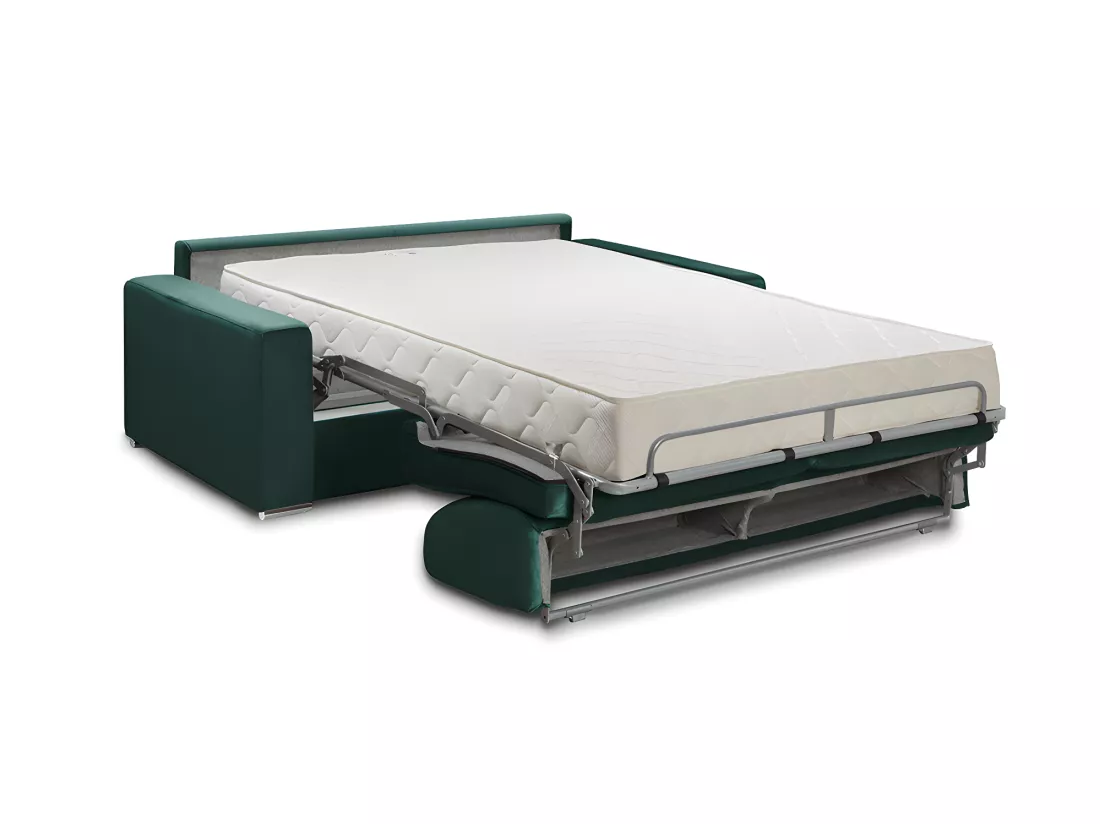 Canapé 3 places convertible express en velours vert sapin - Couchage 140 cm - Matelas 22 cm CALIFE