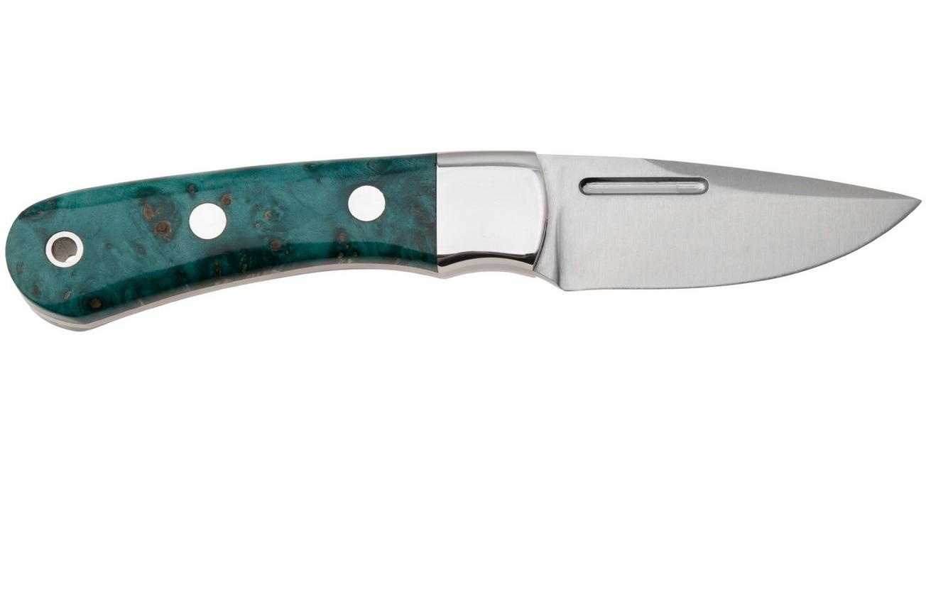 Bark River Essential CPM MagnaCut, Blue & Gold Elder Burl, vaststaand mes