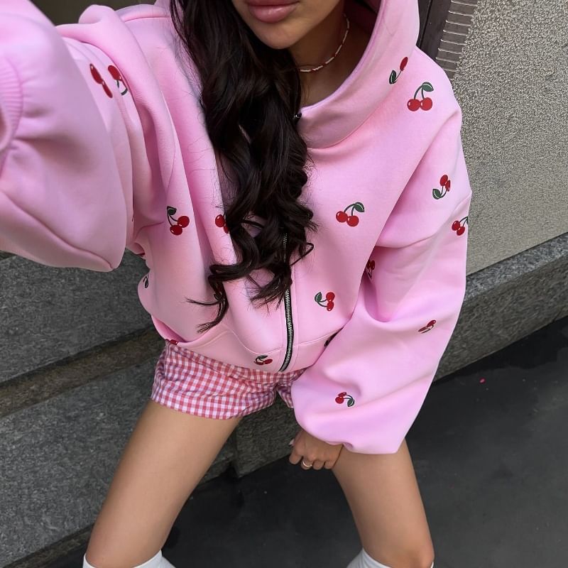 500 STUDIO - Oversized hoodie met kersenprint en rits