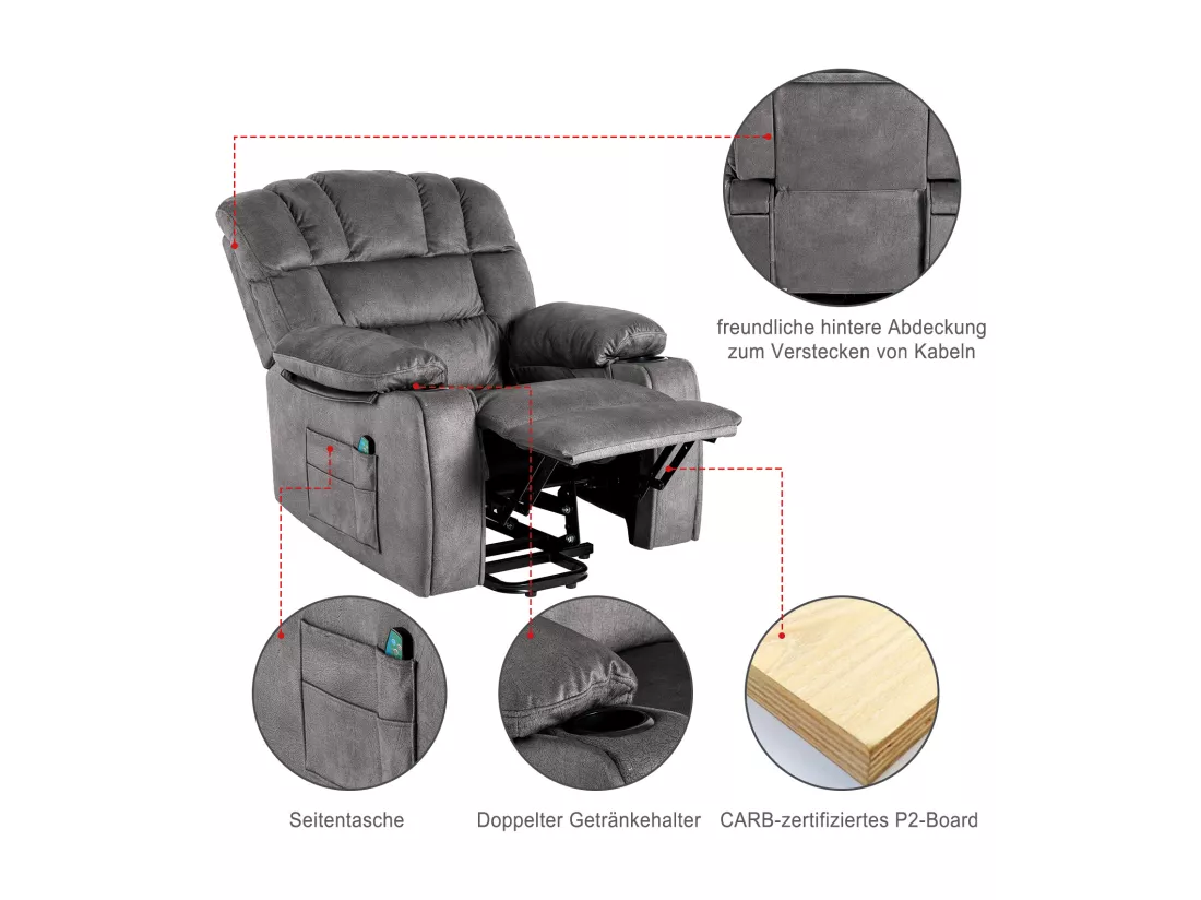 Fauteuil de massage à réglage électrique, fauteuil inclinable en tissu avec 2 porte-gobelets, poches latérales et télécommande pour salon, gris
