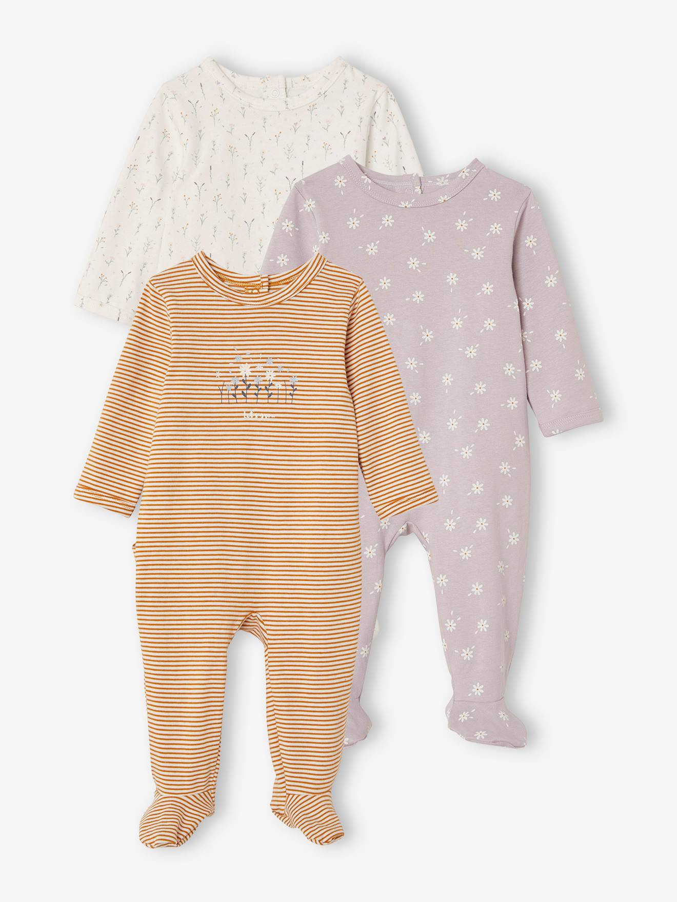 Conjunto de 3 pijamas de algodão para bebê com certificação Oeko-Tex®, branco claro, bicolor/multicolorido.