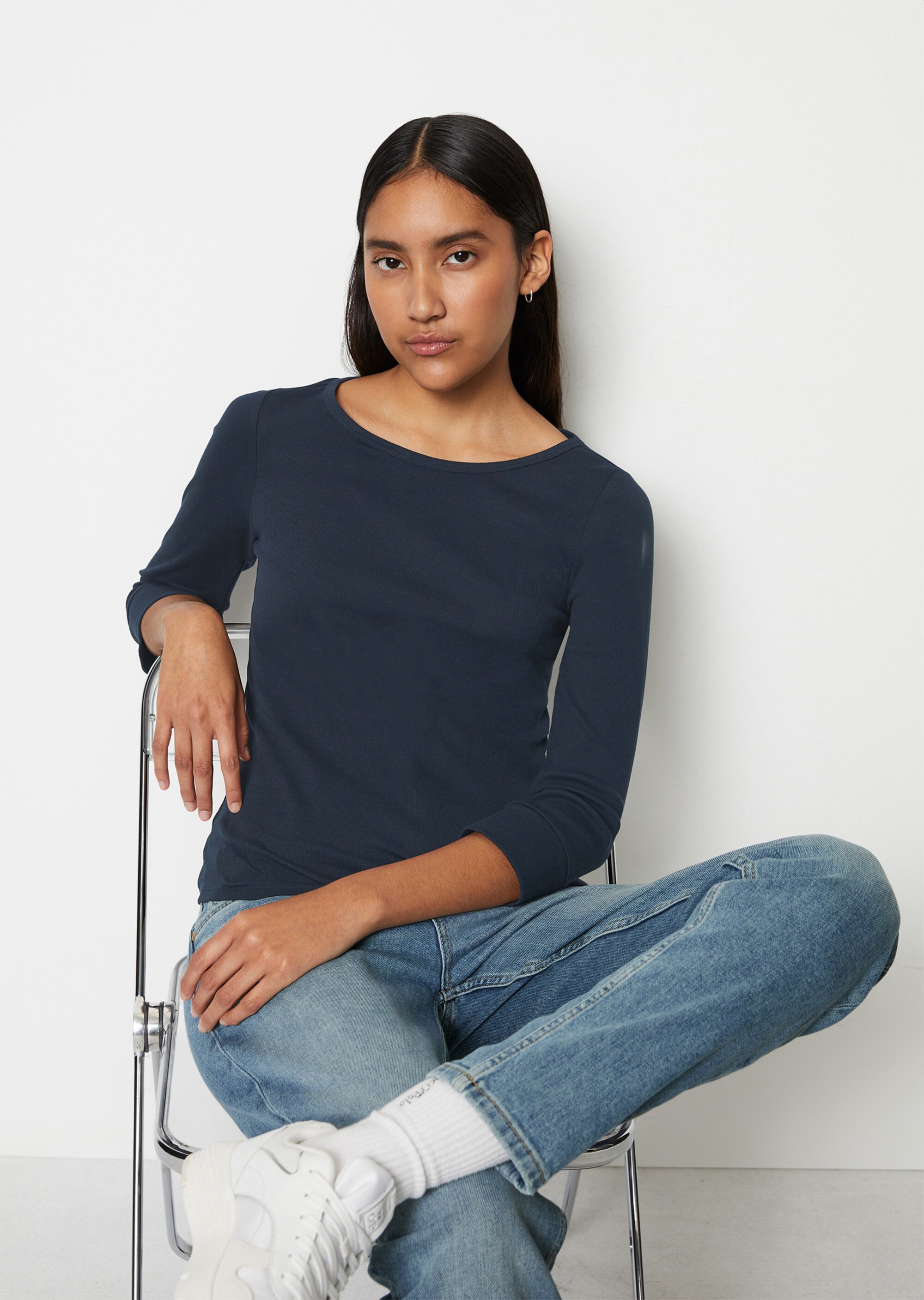 Ripp-T-Shirt mit 3/4-Ärmeln aus Organic Cotton-Stretch