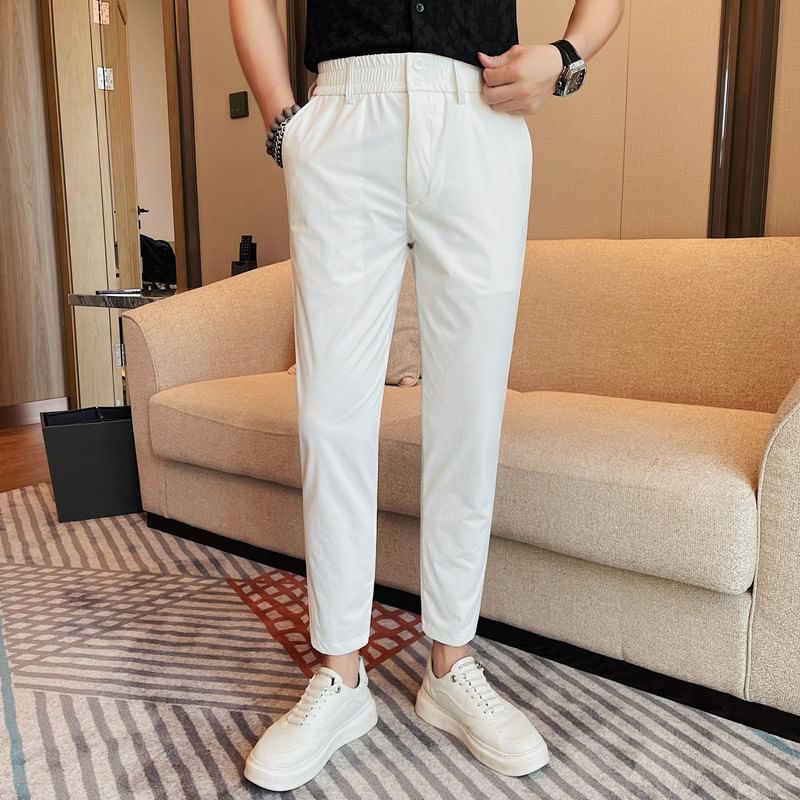 Lefitt - Effen cropped rechte broek met elastische taille