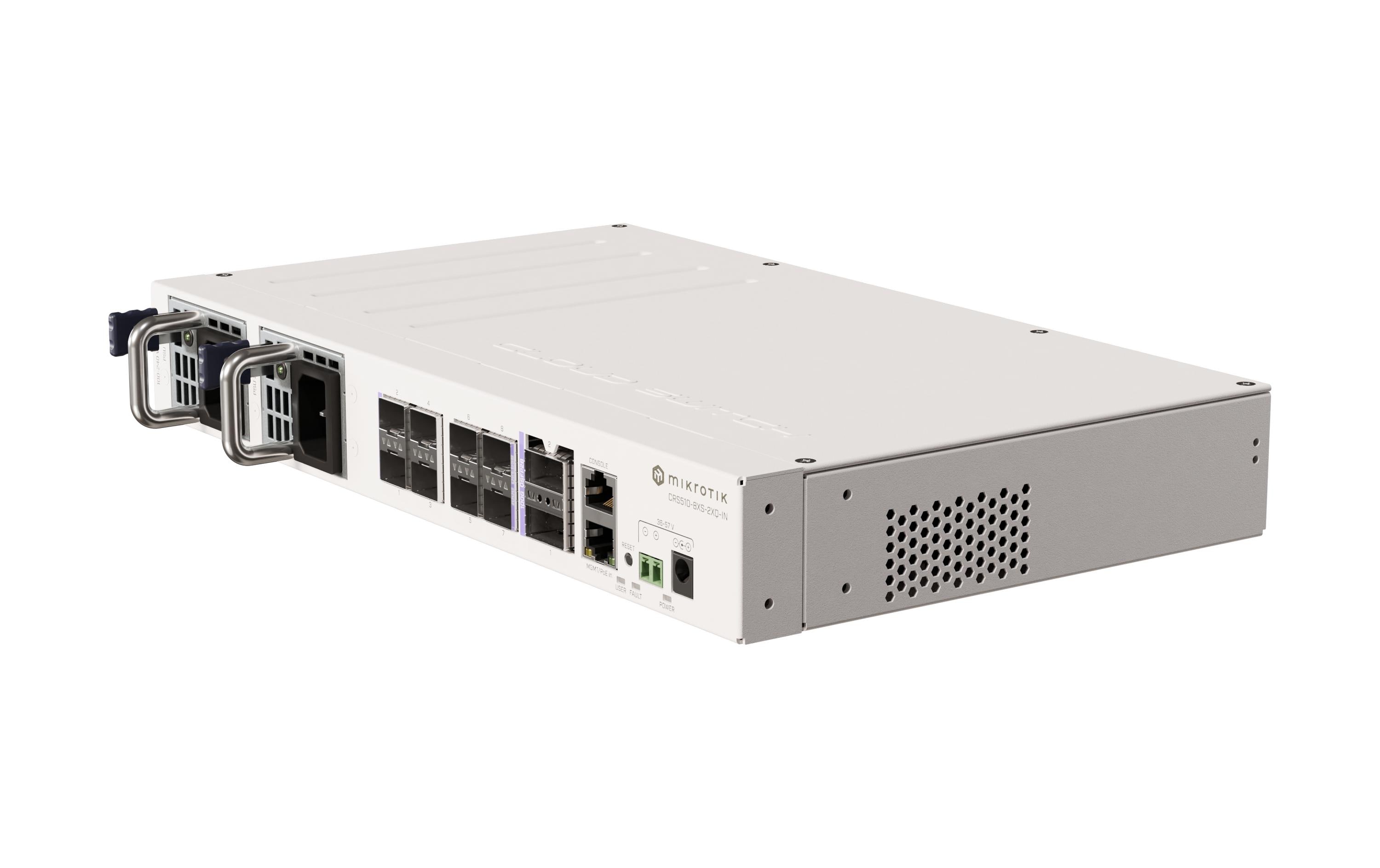 SFP28 Switch CRS510-8XS-2XQ-IN 10 Port<br>Ein vielseitiger 100-Gigabit-Switch, der Geschwindigkeit, Wert und verschiedene Konnektivitätsoptionen bietet. 2x 100-Gigabit-QSFP28-Ports, 8x 25-Gigabit-SFP28-Ports, zwei Hot-Swap-Netzteile