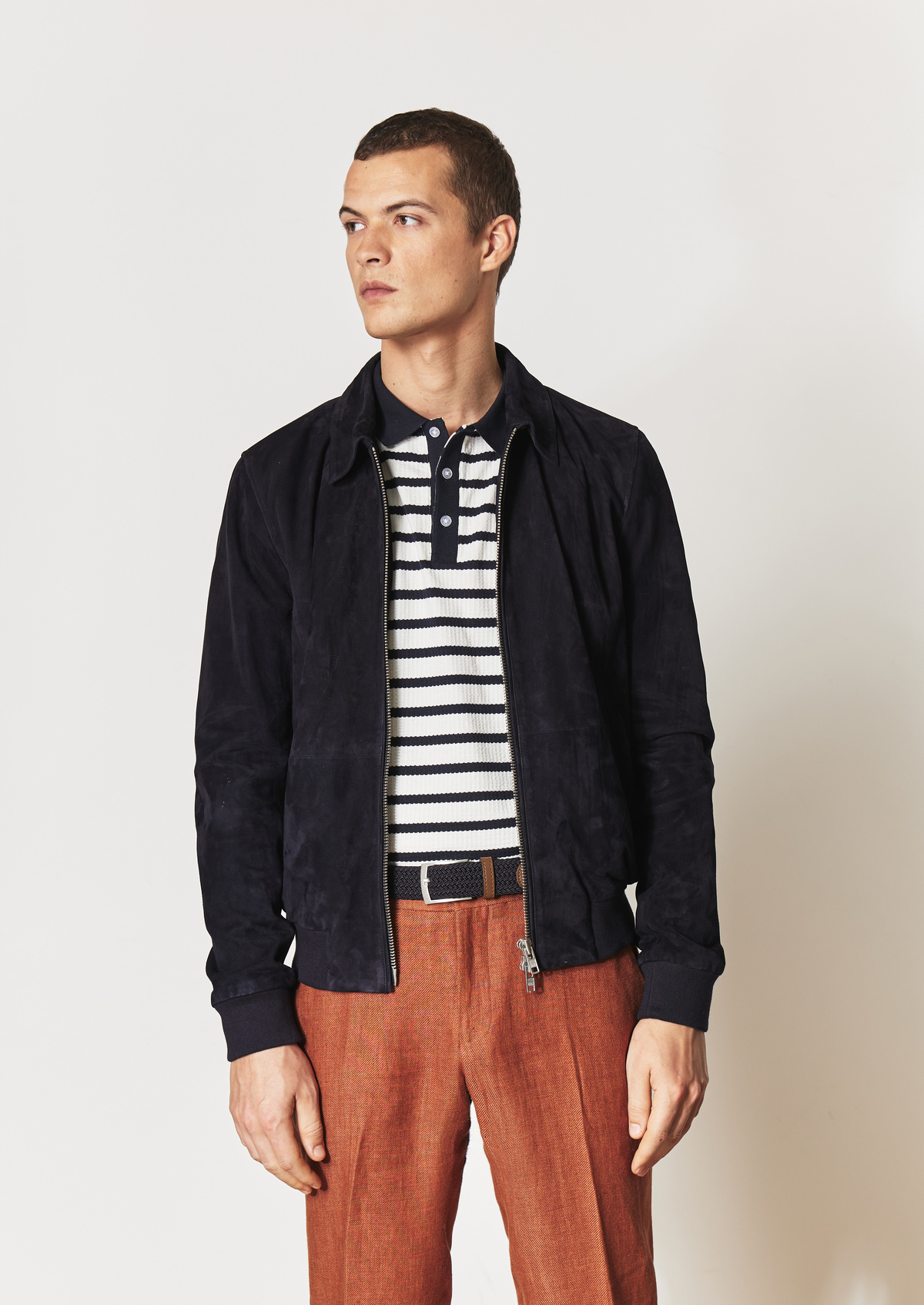 Blouson en cuir nubuck uni bleu marine