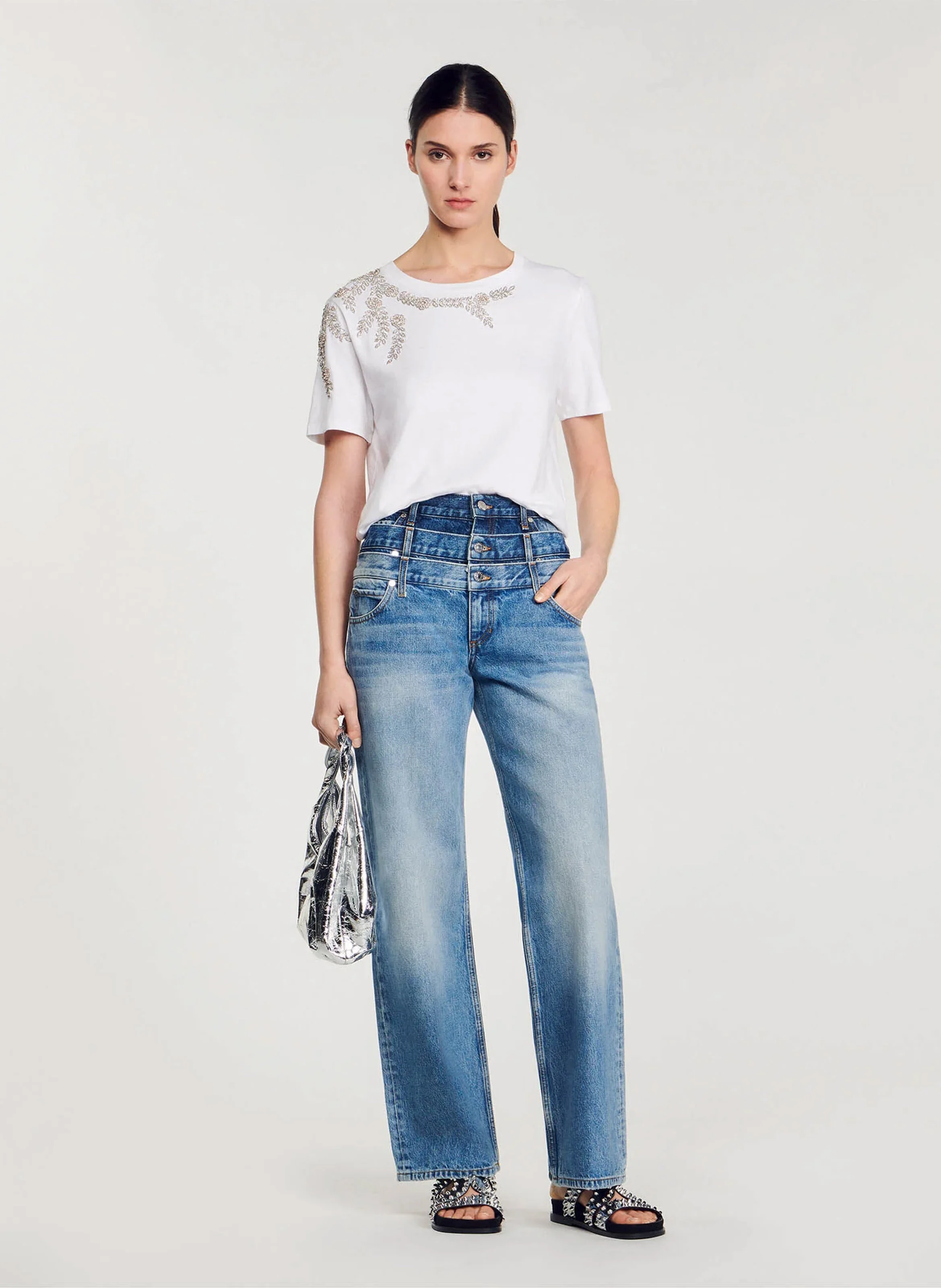Tee-shirt col rond à sequins en coton| Blanc