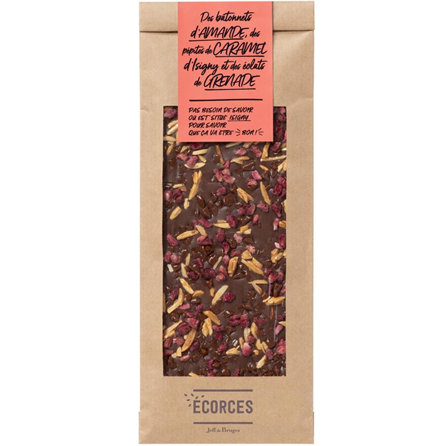 Écorce de chocolat lait amandes caramel et grenade