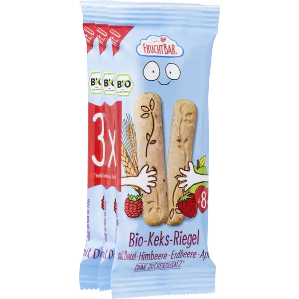 Bio Keks-Riegel mit Dinkel, Himbeere, Erdbeere, Apfel