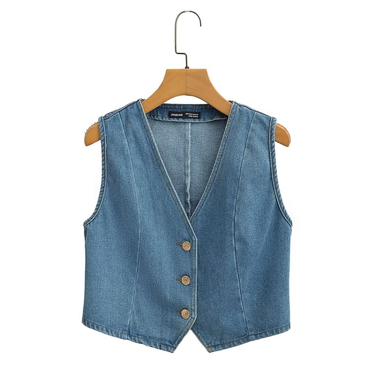 SugaYuja - V-hals gewassen denim vest met knopen