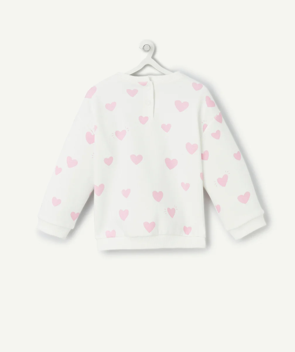 sweat manches longues bébé fille en fibres recyclées blanc imprimé coeurs