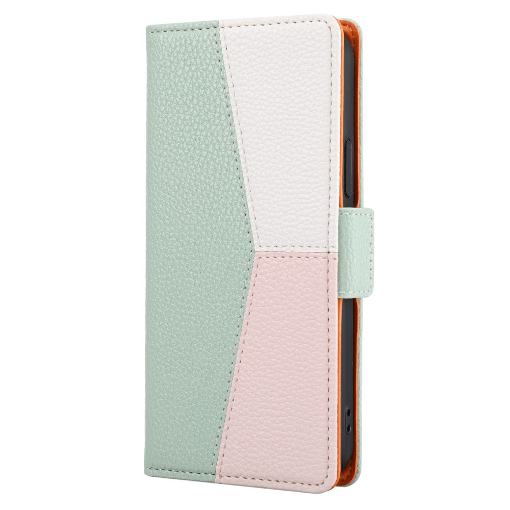 iPhone 12 / iPhone 12 Pro Leder Tasche Flip Cover Litchi Look mit Kartenfächern Geometrisches Design - Grün / Rosa / Weiss