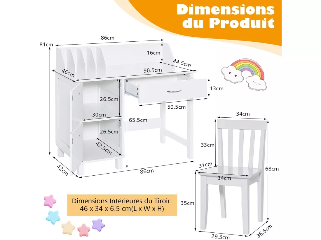 Bureau Enfants avec Chaise Ergonomique & Niches, Table d'Étude en Bois avec 2 Placards & Tiroir, Dispositif Anti-Basculement, Table Multifonctionnelle pour Dessiner Lire, 90x46x81cm, Blanc