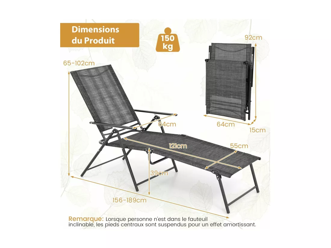 Lot de 2 Chaises Longues Pliantes, Bain de Soleil en Cadre Métallique, Chaise Longue d'Extérieur avec Dossier Réglable à 6 Positions, Transat de Jardin, pour Piscine, Patio, Charge 150KG