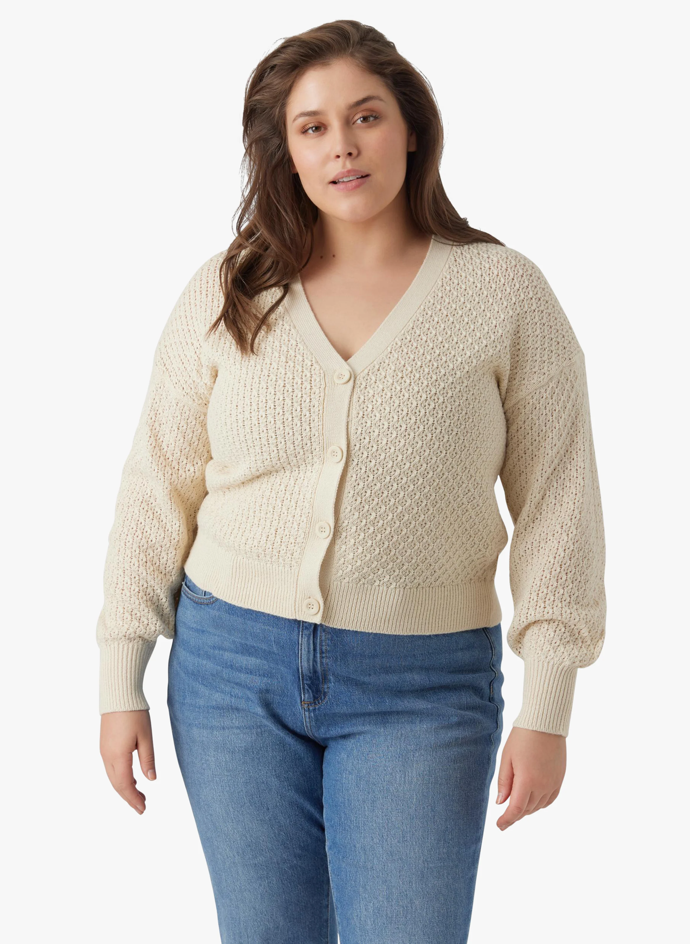 Cardigan en maille de coton bio mélangé| Beige