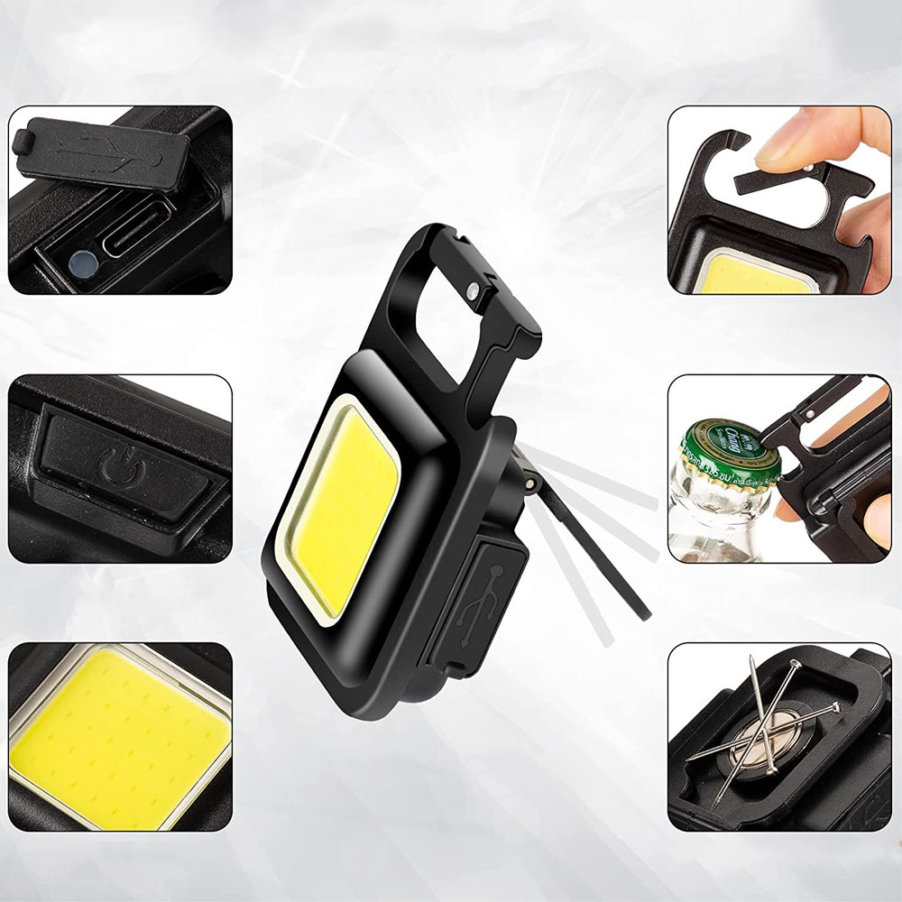 200LM LED Mini COB Taschenlampe Schlüsselanhänger mit Magnet   Aufhängehaken IPX4 - Schwarz