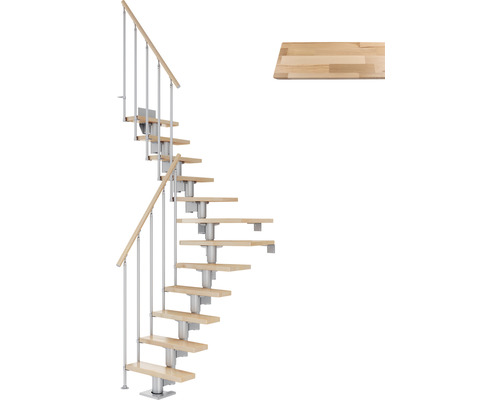 Pertura Spiros middentrap, parelgrijs, kwartslag, links/rechts onder, balustrade 65 cm, beuken gelamineerd hout, gelakt, 11 treden / 12 stootborden