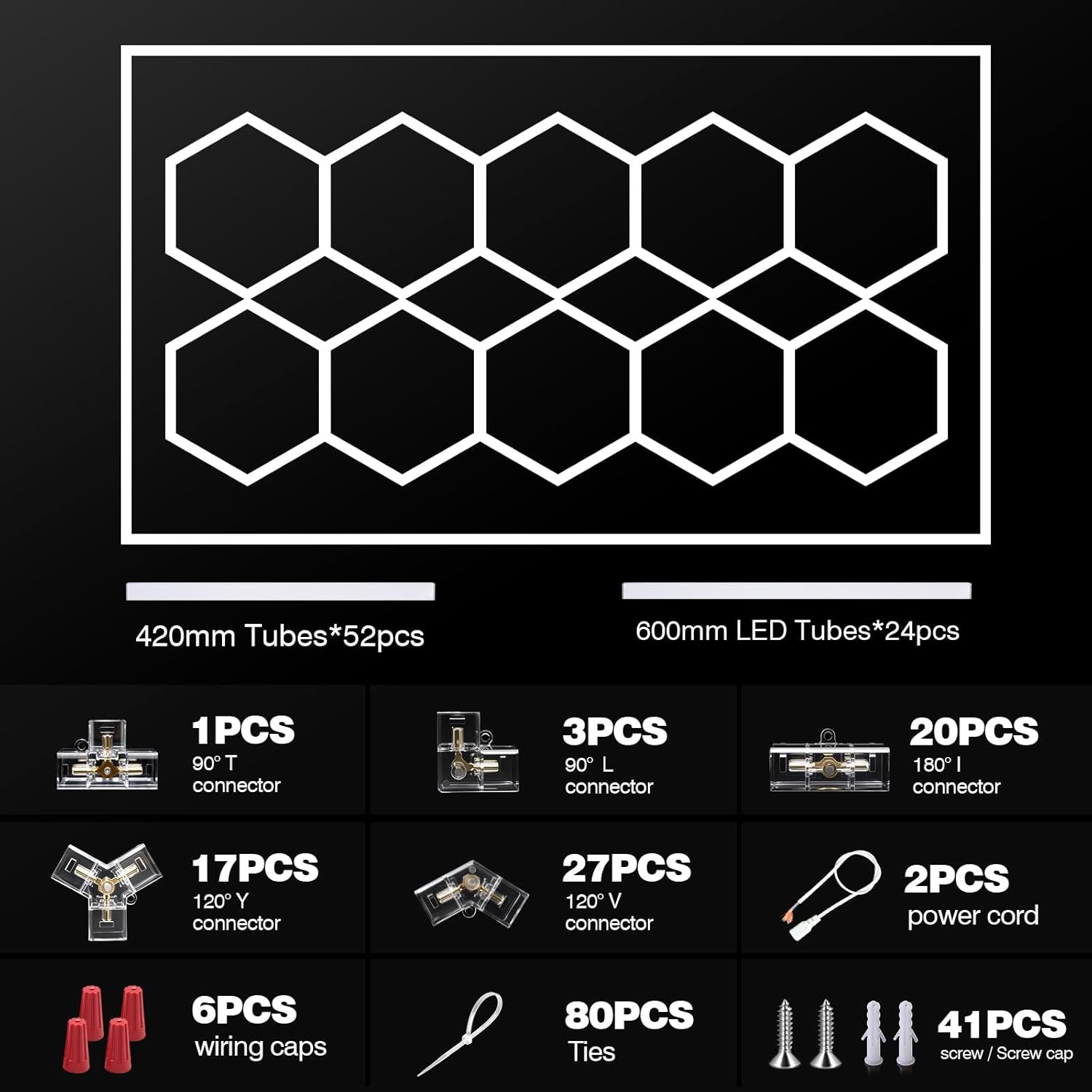 LED Hexagon Beleuchtung - 10Hex 76pcs Röhrenleuchten, 608W 6500K Superhell verknüpfbare Sechseckige Garagenleuchten LED-Deckenleuchten für Garage Werkstatt Gaming Fitnessstudio Friseur Bürobeleuchtung