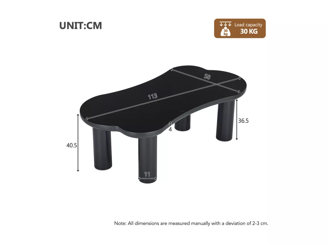 Table basse irrégulière en forme d'os, plateau en MDF et pieds en PVC, table basse unique avec sous-couches en feutre, dimensions : 113 cm de longueur, 58 cm de largeur, 40,5 cm de hauteur