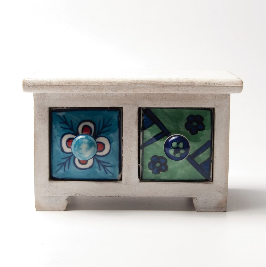 Schubladentruhe mit 2 Schubladen, weiß/blau/grün, L 10 cm, B 17 cm, H 10 cm von fischer's lagerhaus