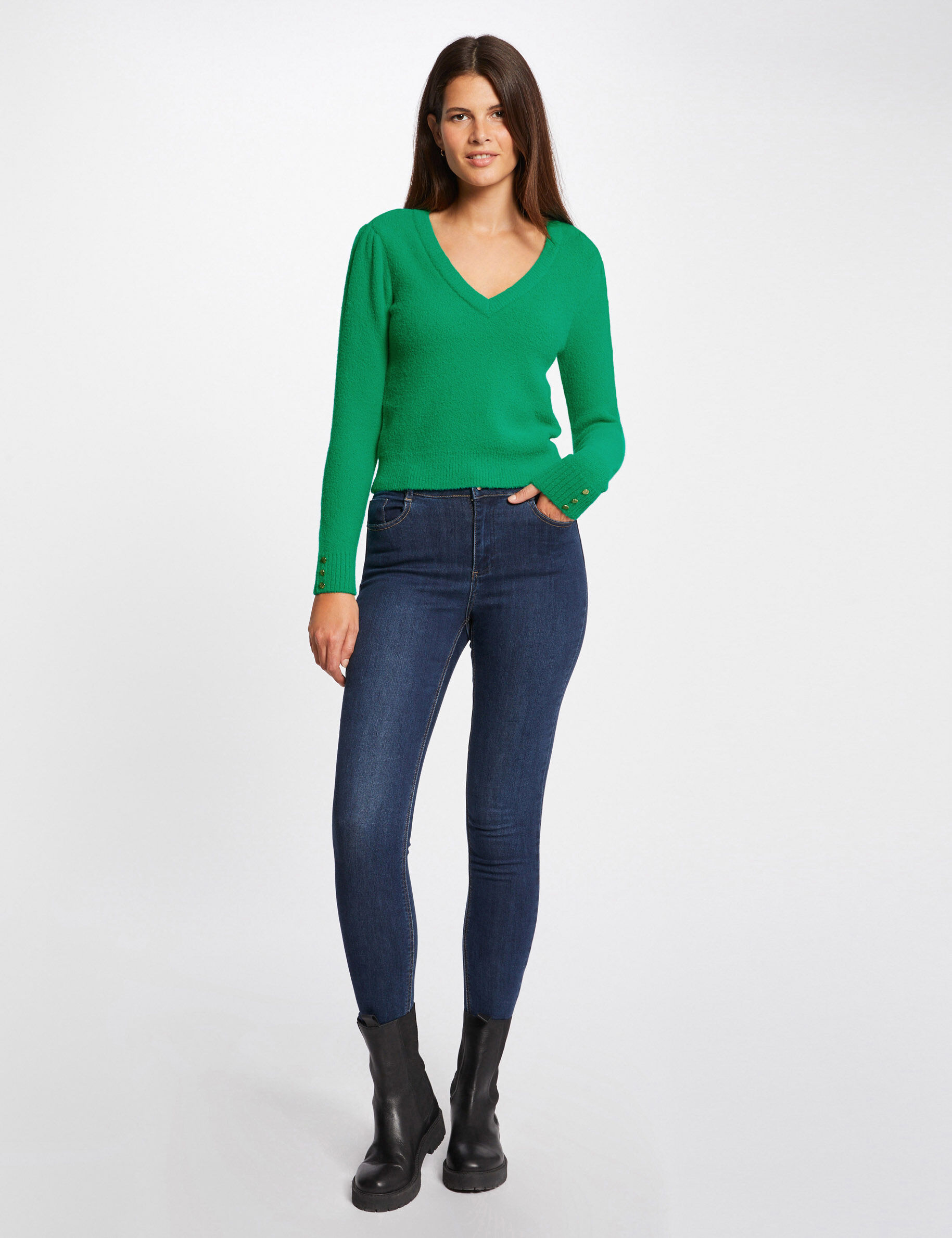 Pull manches longues avec col en V vert moyen femme - vert_moyen