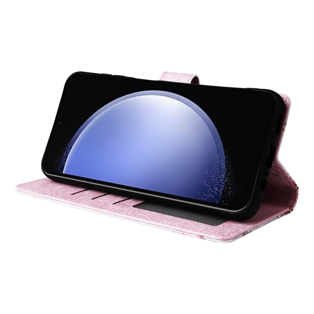 Samsung Galaxy S23 FE Leder Tasche mit Kartenfächer - Glitzer Pfingstrosen