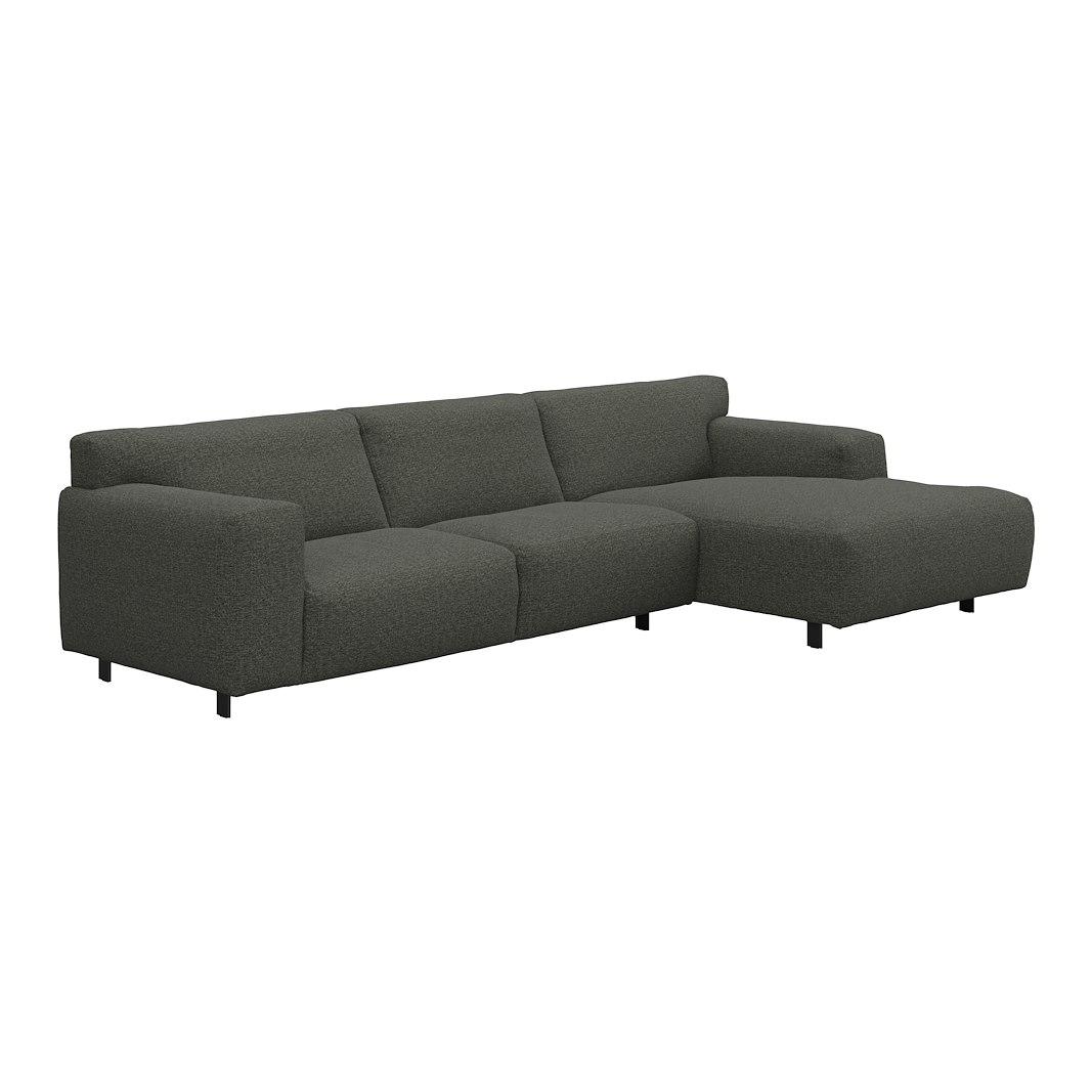 Vesta 2,5-seter med sjeselong høyre I Tekstil Cortina Grey, standardsøm, sort metallben 10 cm, Comfort CM