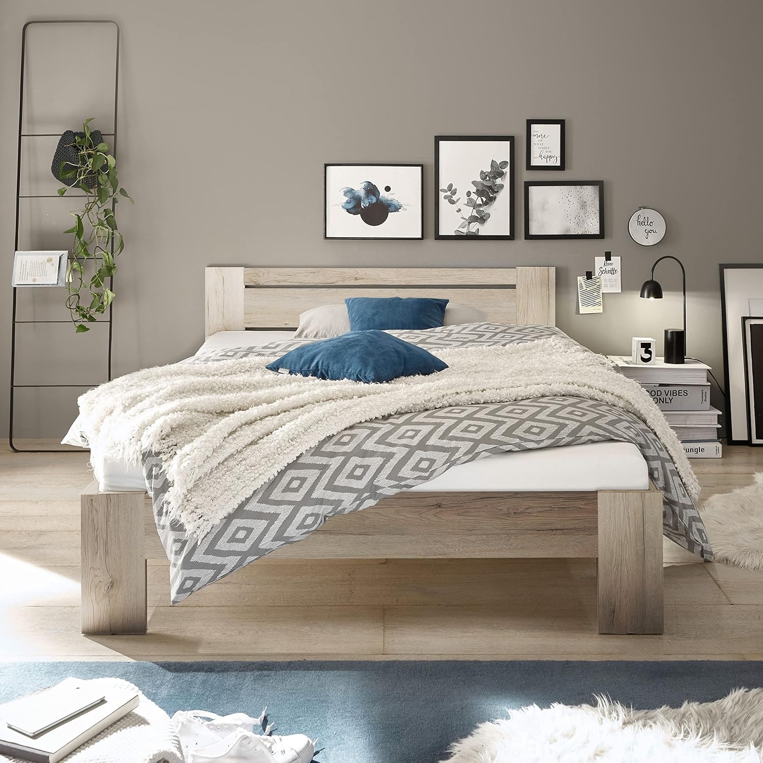 CANNES Futonbett 140 x 200 cm - Minimalistisches Jugendzimmer Doppelbett in Eiche San Remo Optik - 145 x 71 x 204 cm (B/H/T)
