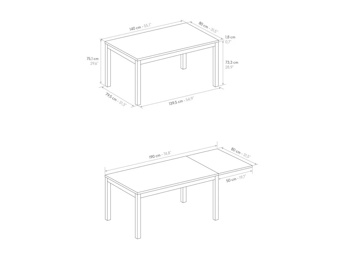 Table en bois, effet chêne, base blanche, 140x80-190x80cm - TROPEA