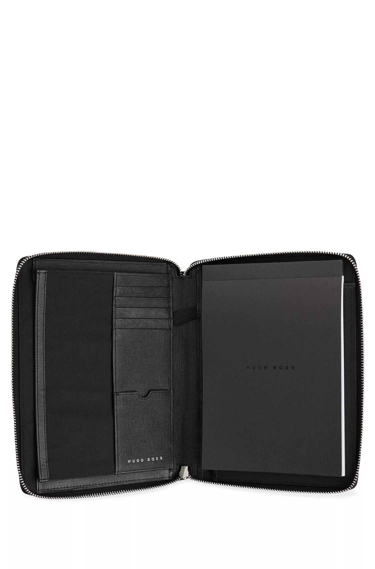 Pasta executiva BOSS Black-A5 em couro texturizado preto.
