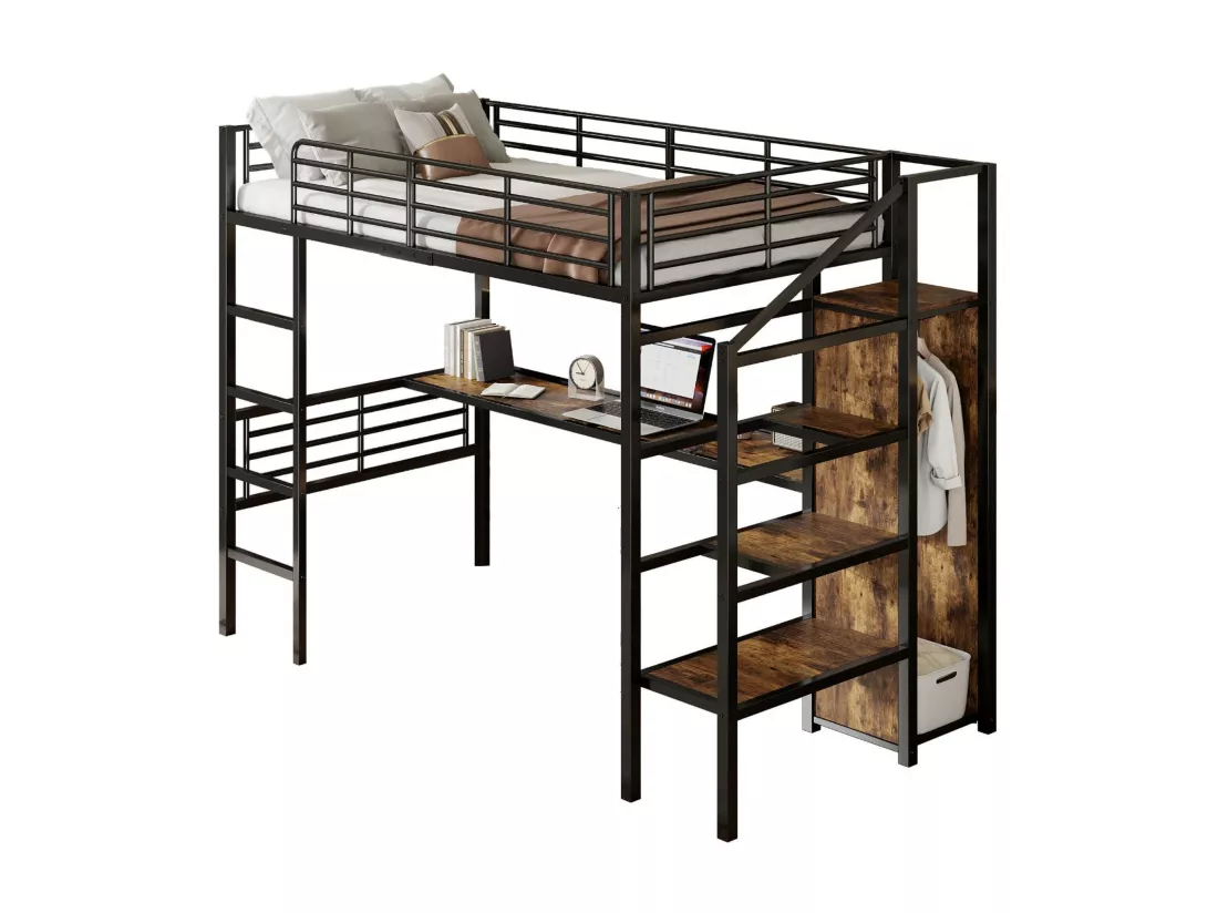 Lit mezzanine 90x200cm en métal - avec bureau、armoire et échelle de rangement - Noir