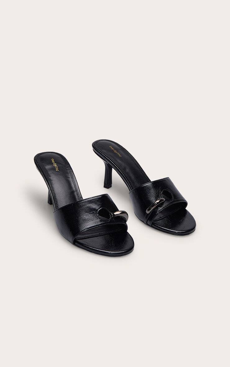 Noir Mules À Talon Moyen En Synthétique Avec Détail Anneau Ajouré