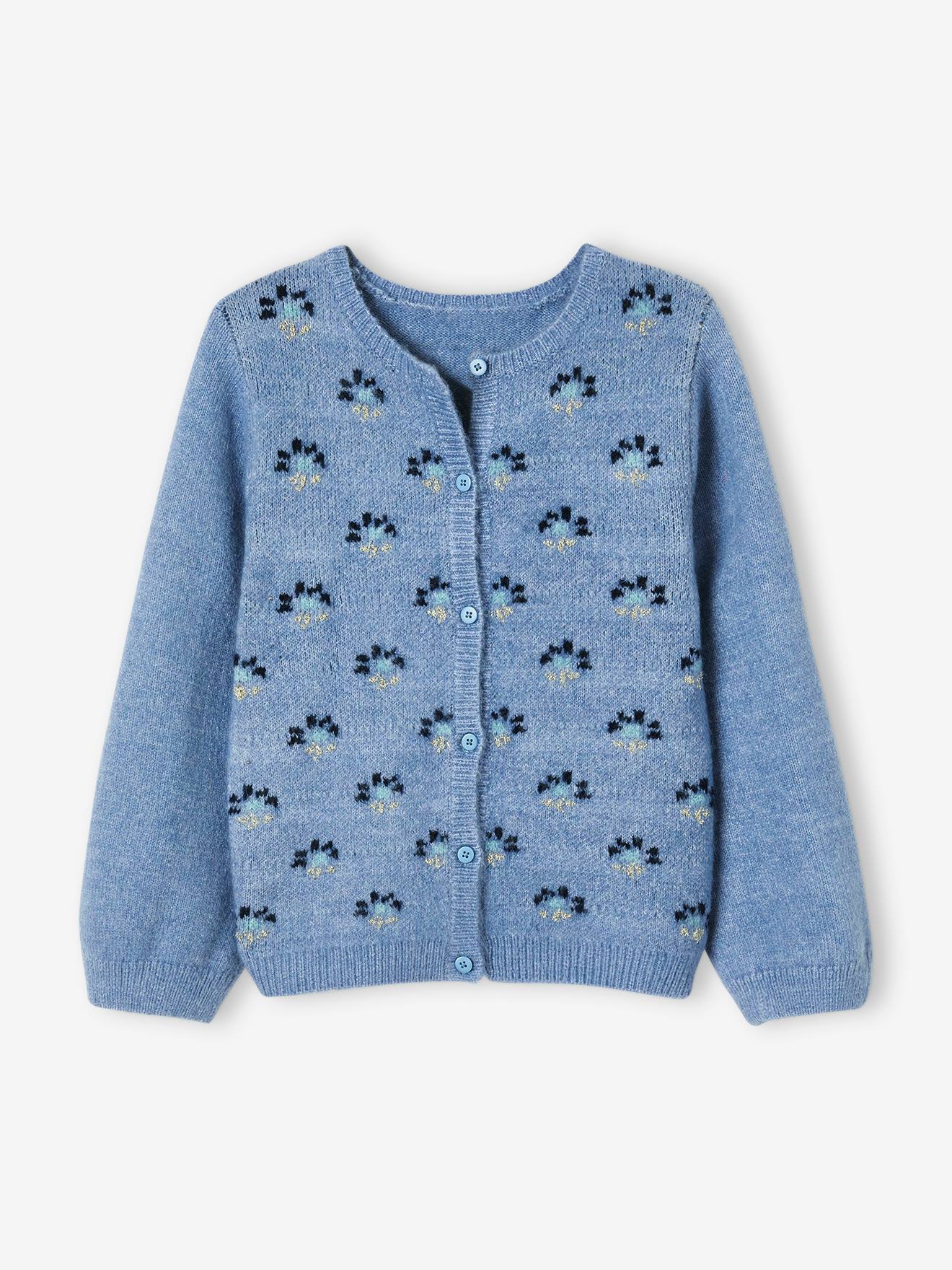 Casaco de malha jacquard com motivos florais adornados com fios brilhantes, para meninas, azul médio liso